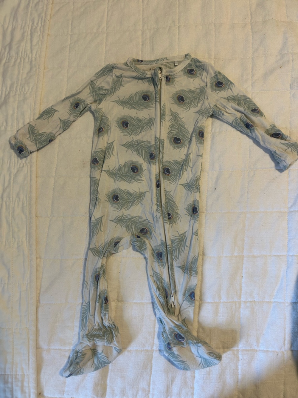 Angel Dear Peacock Feather Baby Romper - Cream & Sage Blue